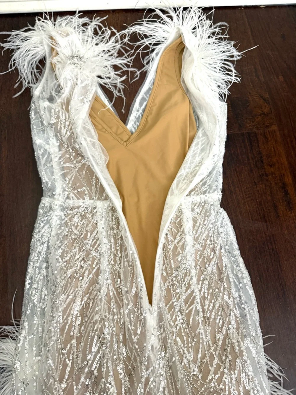 NADINE MERABI  Mila White Feather Sequin Ivory Mini Dress with Nude Slip Sz S - Picture 14 of 17